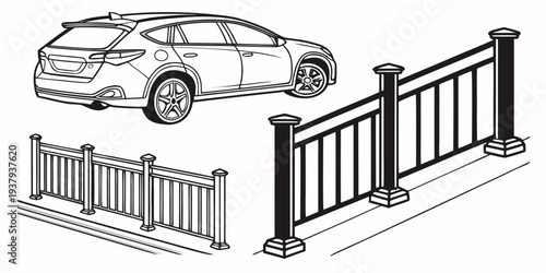 A car parked in front of a black and white metal gate Vector