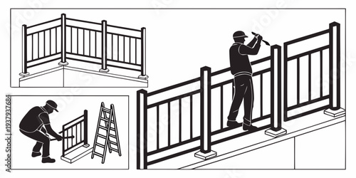 A man is painting a wooden fence while another person is using a ladder. Vector