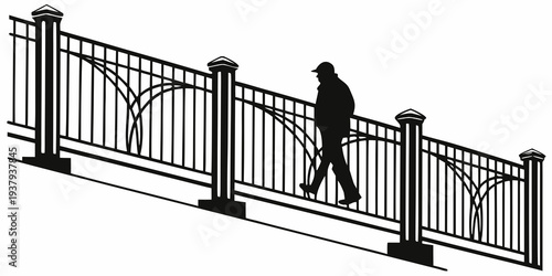 Person walking on a metal bridge with railings over a city street Vector