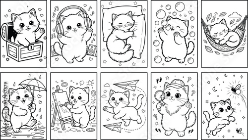 Kawaii Kitten Coloring Pages, Cute Baby Cats Playing Music, Sleeping, Blowing Bubbles, Relaxing in Hammock, Painting, Jumping with Paper Plane, Exploring with Magnifying Glass, Black and White LineArt