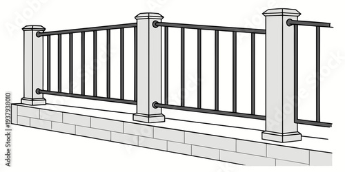 Elegant wrought iron fence with stone pillars in a residential setting Vector