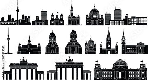 Berlin landmarks silhouette vector illustration, Brandenburg Gate artwork, Reichstag building design, TV Tower drawing, cathedral heritage monument art, German city skyline