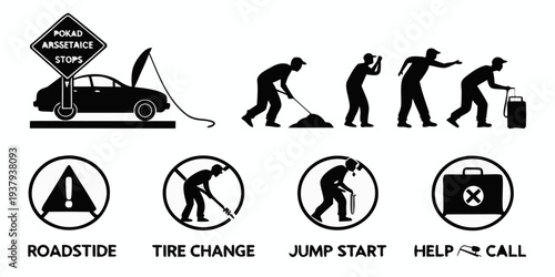 A series of icons depicting the process of changing a bicycle tire Vector