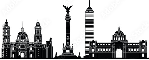 Mexico City landmarks silhouette vector illustration, Metropolitan Cathedral artwork, Angel of Independence design, Torre Latinoamericana drawing, Palace of Fine Arts heritage art
