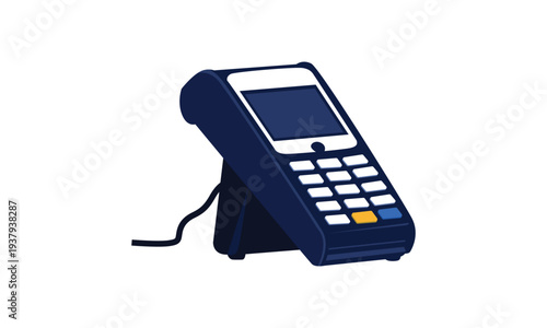 A digital illustration of a navy blue payment terminal with a white screen and keypad on a plain white background