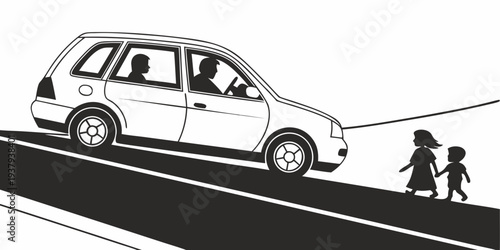 A person is seen pushing a car on the side of a road, with another person inside the vehicle. Vector