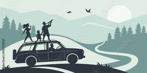 Adventurers on a journey: exploring nature's beauty in a convertible car Vector