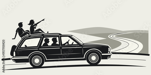 A man with a dog in a car, with a bird flying nearby, in a black and white illustration. Vector