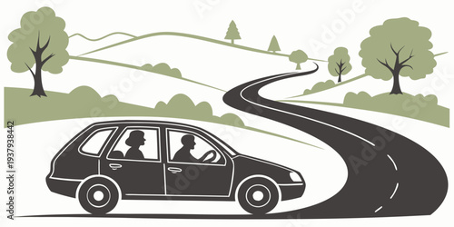A black car drives along a winding road through a scenic countryside landscape. Vector