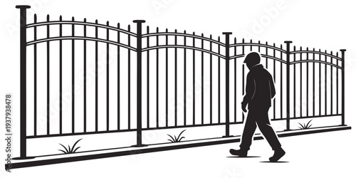 A man walking through an open gate in a tall metal fence. Vector
