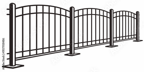 A decorative iron fence with intricate designs and pointed tops. Vector