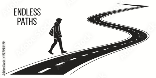 A person walking down a winding path towards an unknown destination. Vector