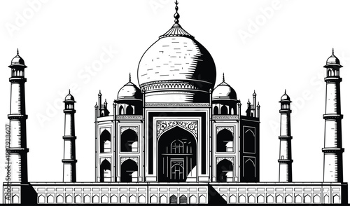 Taj Mahal Agra India silhouette vector illustration, Mughal architecture artwork, UNESCO heritage monument design, cultural tourism drawing, historical landmark art