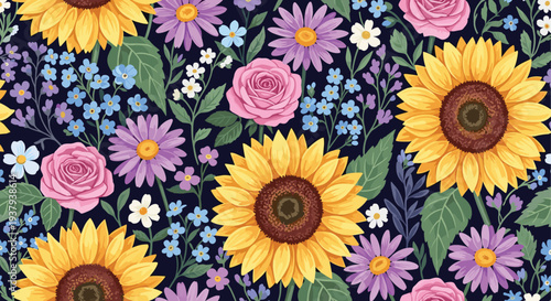 Seamless floral pattern with sunflowers, pink roses, purple daisies, and blue forget-me-not flowers on dark background for spring summer garden wallpaper textile design.