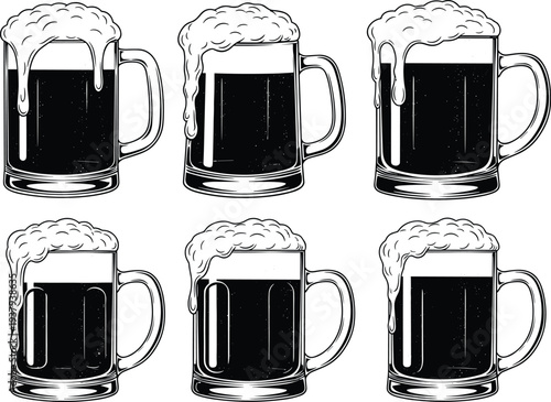 Black and white vector illustrations featuring a collection of six classic beer glass mugs with thick frothy foam.