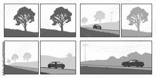 A serene landscape with trees, mountains, and a river under a cloudy sky Vector