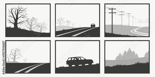 A journey through various landscapes in a jeep, from urban to rural and mountainous terrains Vector