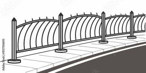 A row of black metal park benches lined up next to a paved walkway Vector