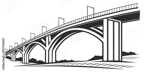 A detailed illustration of a large, multi-arched bridge spanning a river. Vector