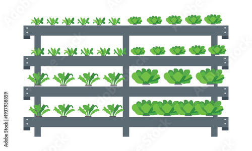 A modern vertical garden with lush green plants growing on a gray metal rack