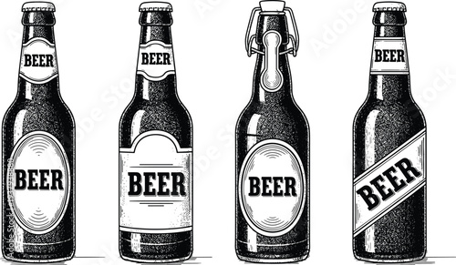 Vintage engraved style black and white vector illustrations of four detailed craft beer bottles with classic text labels.