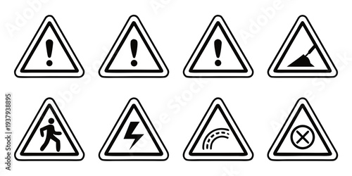 A collection of various warning and informational road signs with different symbols. Vector