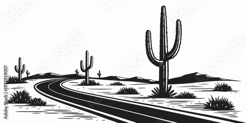 A solitary cactus stands tall in a desert landscape with winding roads Vector