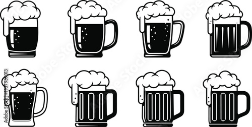 Minimalist vector icons of glass beer mugs filled with frothy foam in various designs for bar menus and graphic assets.