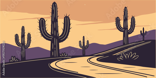 A serene desert landscape with tall cacti and a clear sky at sunset. Vector