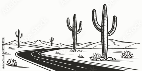 A winding road through a desert landscape with tall cacti on either side Vector