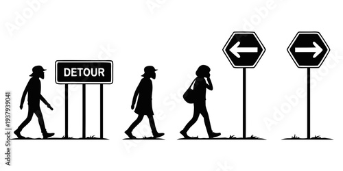 Pedestrians navigating through a detour with directional signs and a yield sign. Vector