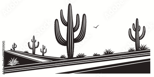 A serene desert landscape with tall cacti and distant mountains under a clear sky. Vector