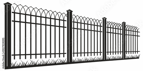 A tall, ornate metal fence with pointed tops and intricate designs on each panel Vector