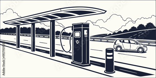 A large, modern, multi-level bus station with several buses parked and people walking around. Vector