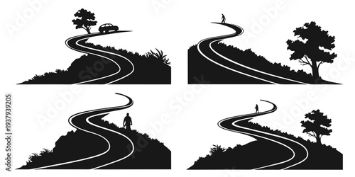 A series of four black and white illustrations depicting a winding road and a person walking Vector