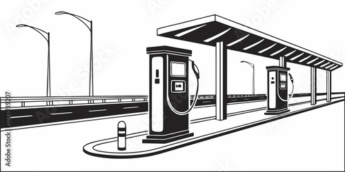 A black and white image of a bus stop with a bus approaching on a city street. Vector