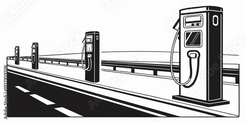 A vintage car traveling on a long, straight road with a bridge in the distance. Vector