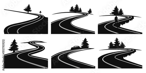 Six black and white illustrations of winding mountain roads with trees and a skier Vector