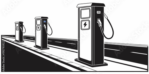 Three vintage gas pumps lined up at a retro service station Vector