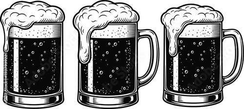 Vintage style black and white vector illustrations of three classic beer glass mugs overflowing with thick foam for pub designs.