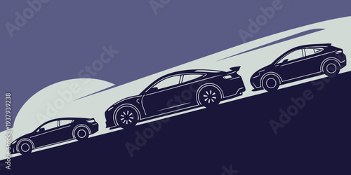 A line of cars driving up a steep hill, showcasing their power and capability. Vector