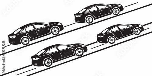 Four luxury cars racing on a highway with two lanes in each direction. Vector