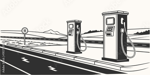 A black and white image of two cars at a drive-thru coffee shop Vector