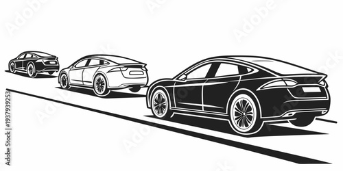 A line of modern cars parked on a city street with a focus on the lead vehicle Vector