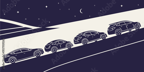 A fleet of futuristic cars driving on a dark highway under a starry night sky. Vector