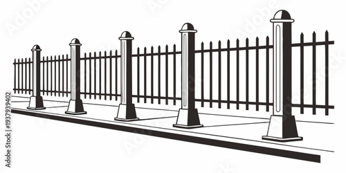 A decorative metal fence with intricate designs and pointed tops in a row. Vector