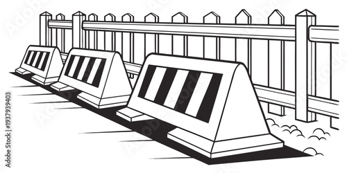 A row of white and black striped beach umbrellas on a sandy shore Vector