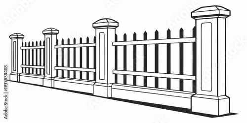 A detailed illustration of a white picket fence with a gate Vector