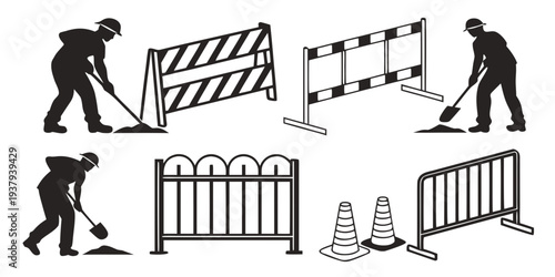Various types of construction and safety barriers and cones Vector