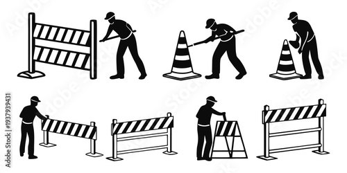 Construction workers performing various tasks on a road. Vector